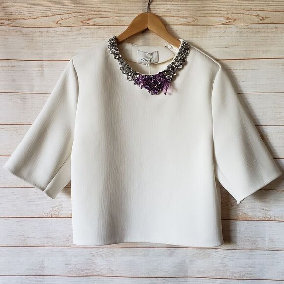 RARE! 3.1 Phillip Lim Oversized Top Shirt Encrusted Crystals Neckline Round Neck - Picture 2 of 11